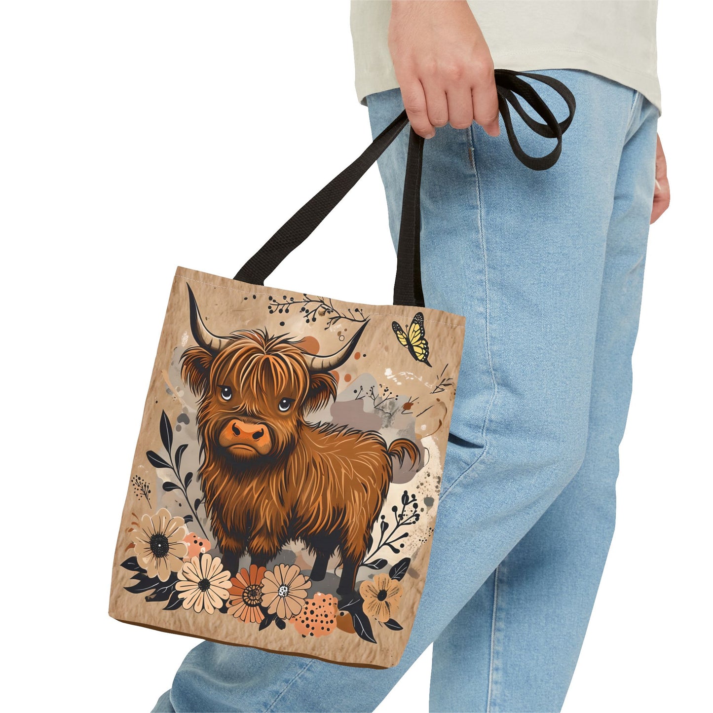 Highland Cow Tote Bag, Cute Cow Tote, Floral Print Bag, Eco-Friendly Tote, Gift for Animal Lovers