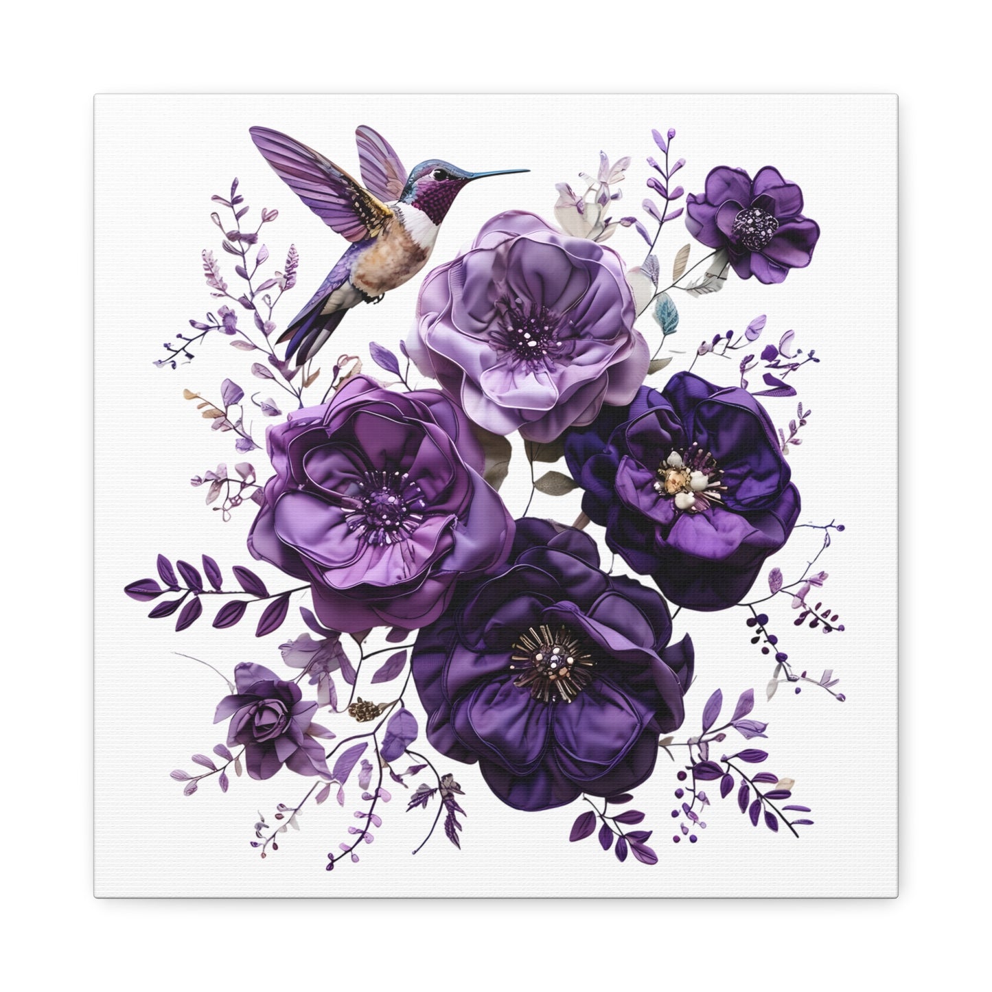 Canvas Wall Art - Purple Floral and Hummingbird