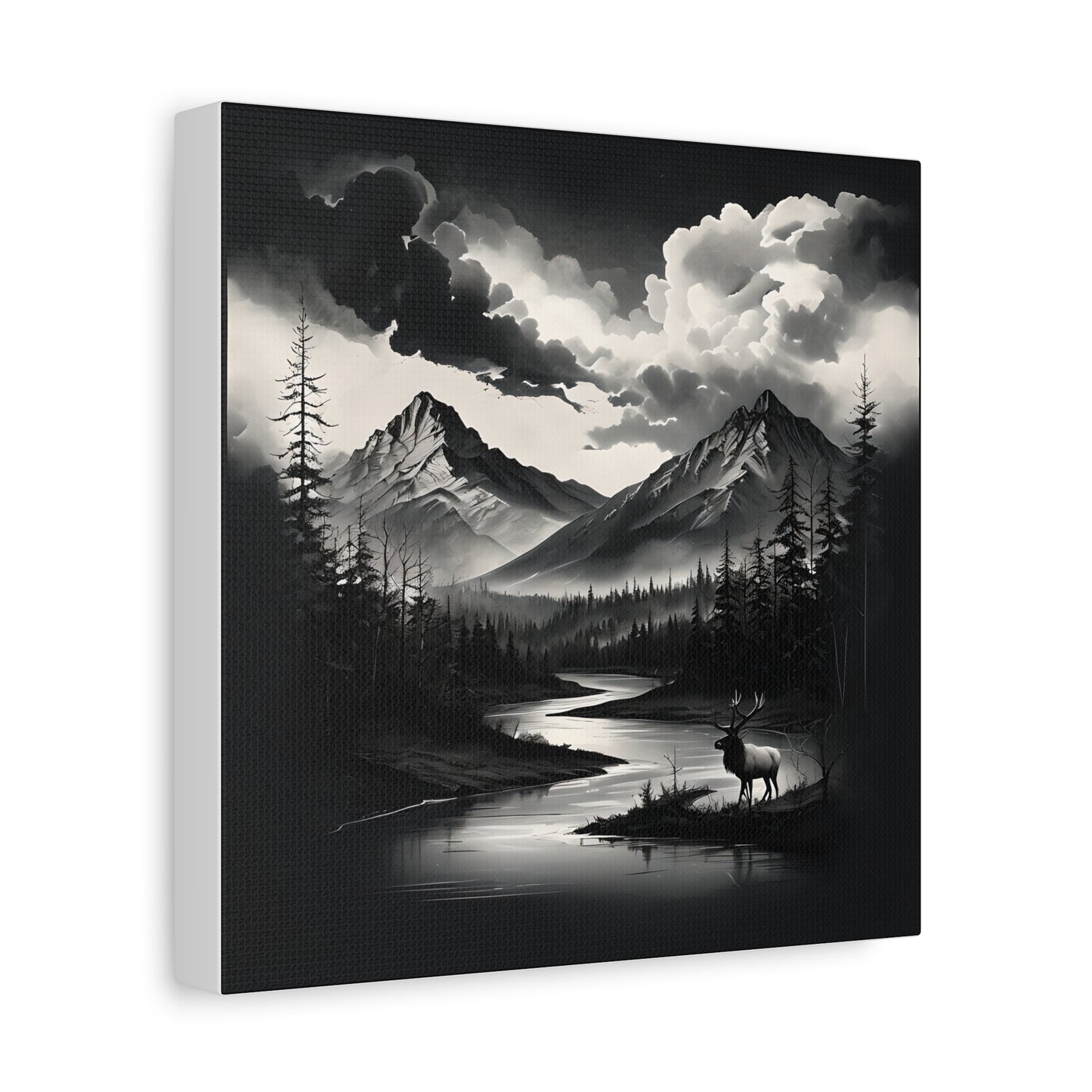 Canvas Wall Art - Black and White Mountains, River, Elk