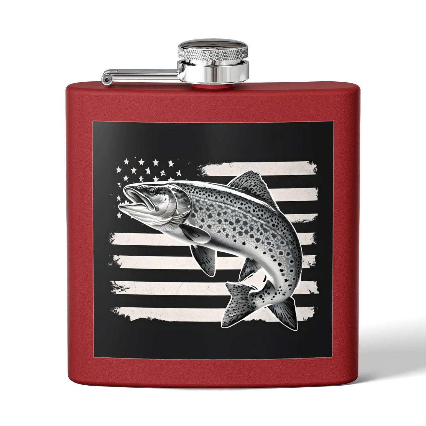 6oz Stainless Steel Flask - US Flag and Trout Design