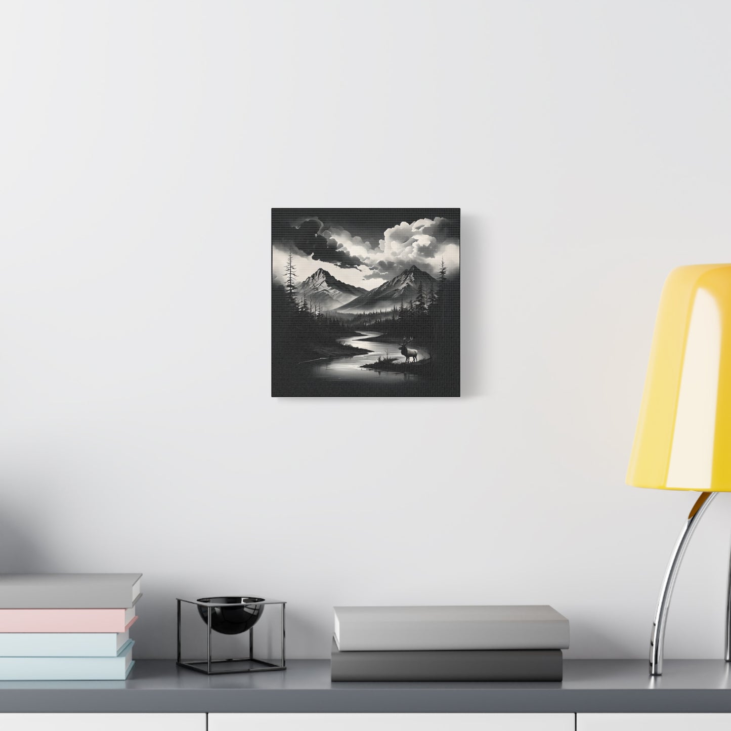 Canvas Wall Art - Black and White Mountains, River, Elk