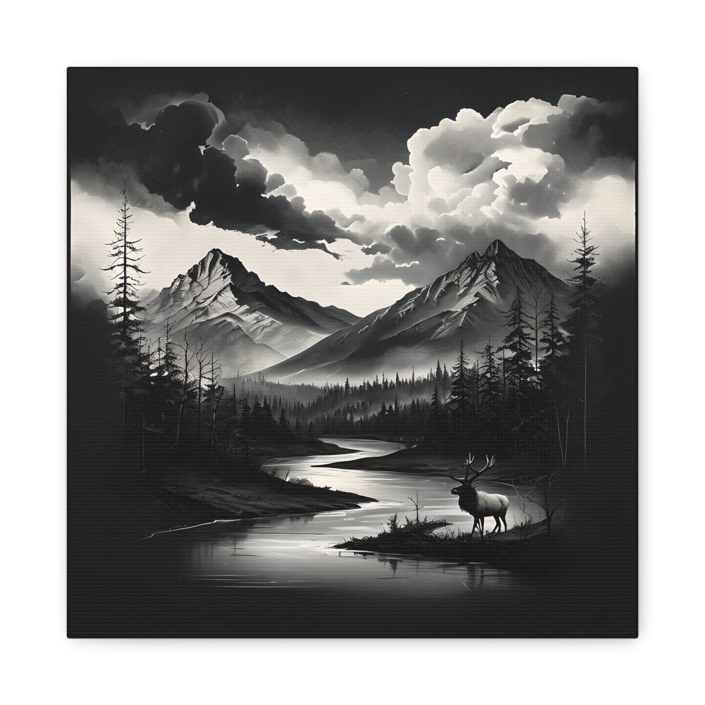 Canvas Wall Art - Black and White Mountains, River, Elk