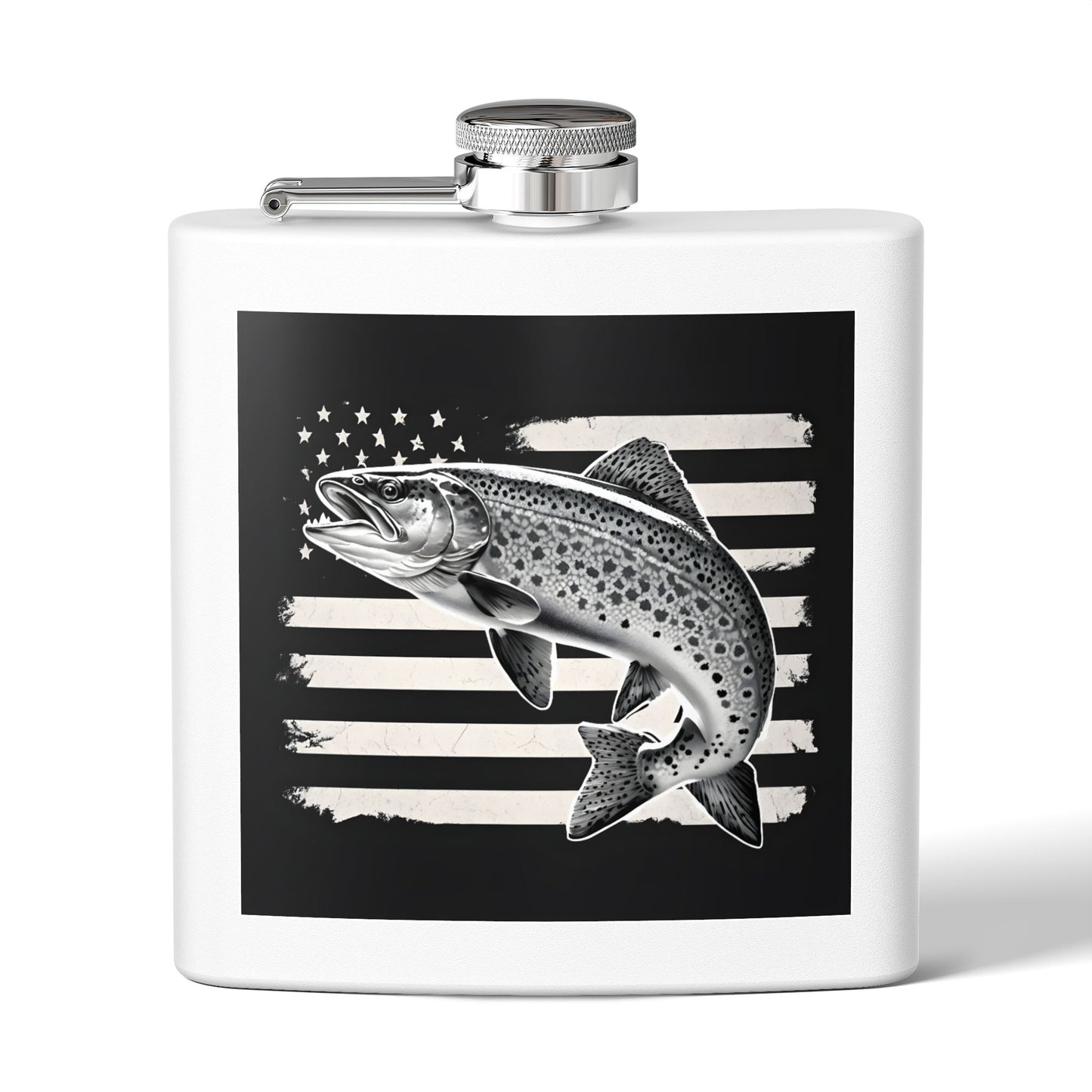 6oz Stainless Steel Flask - US Flag and Trout Design
