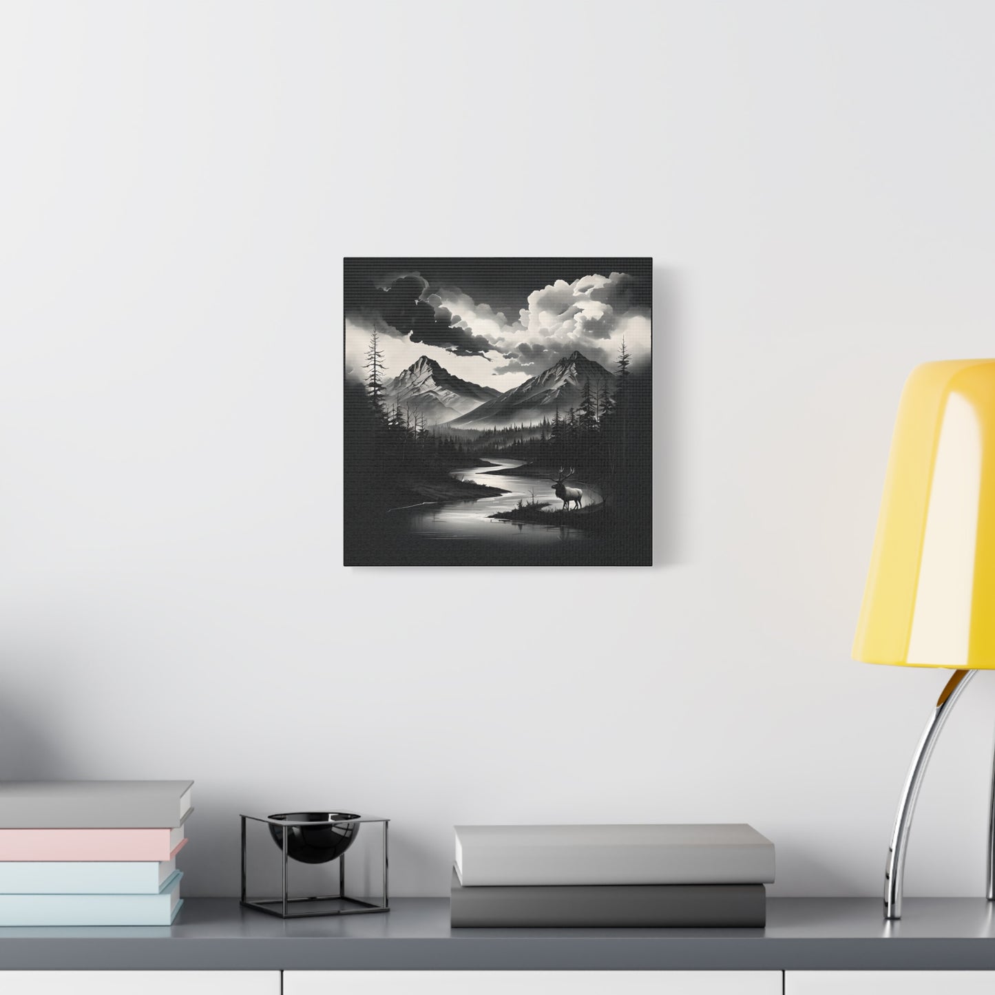 Canvas Wall Art - Black and White Mountains, River, Elk