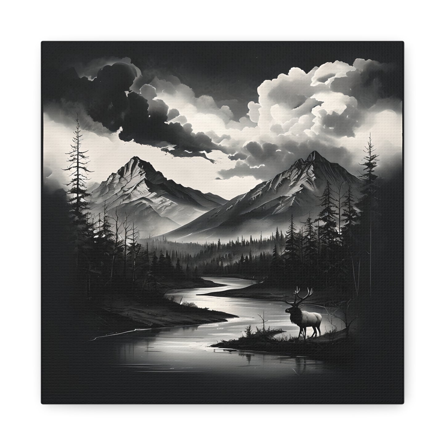 Canvas Wall Art - Black and White Mountains, River, Elk