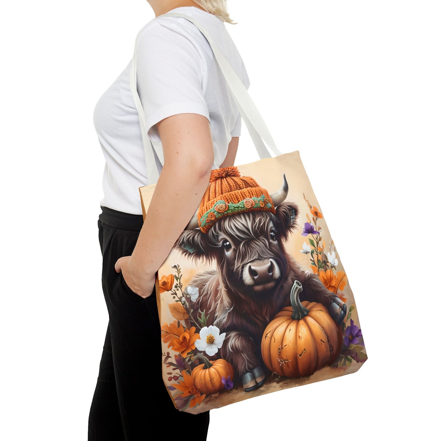 Autumn Cow Tote Bag, Fall Harvest Bag, Pumpkin Lover's Gift, Farmhouse Decor Accessories, Seasonal Shopping Tote, AOP Tote Bag
