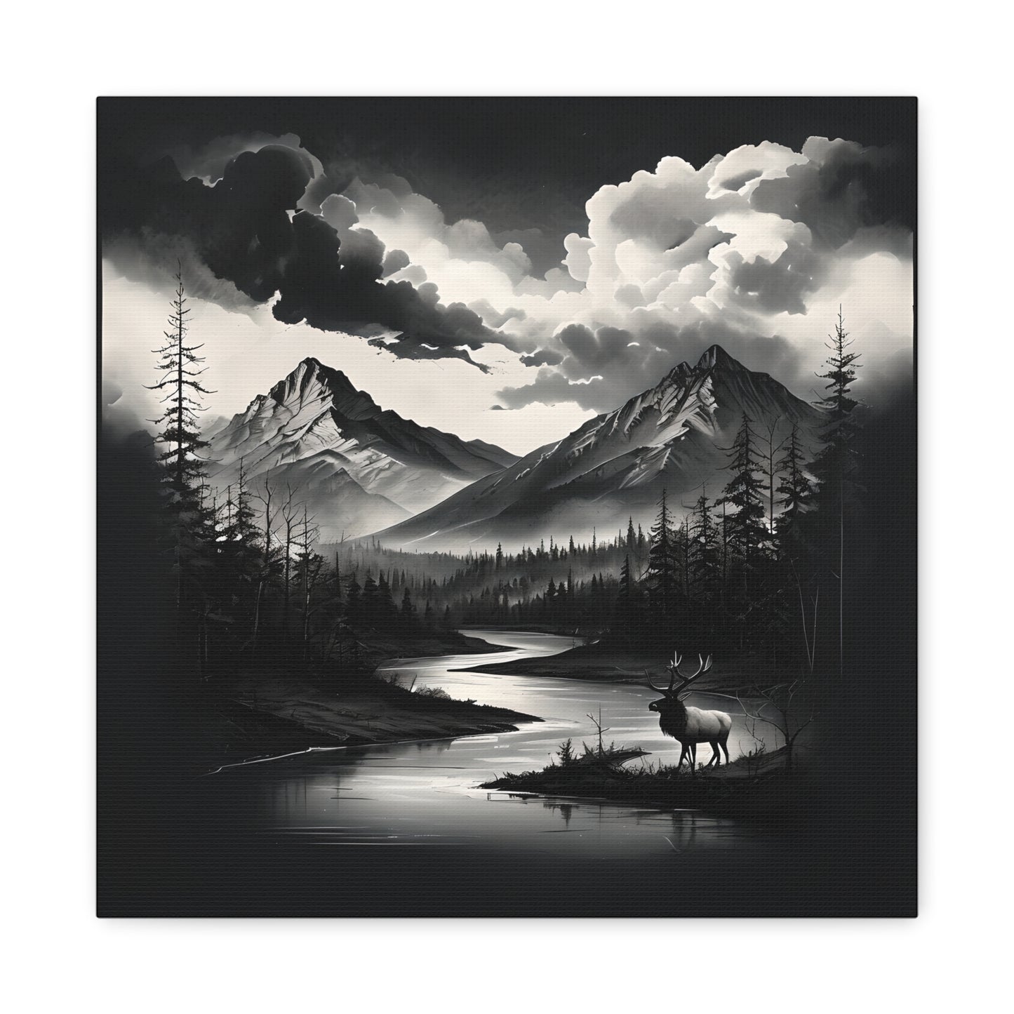Canvas Wall Art - Black and White Mountains, River, Elk