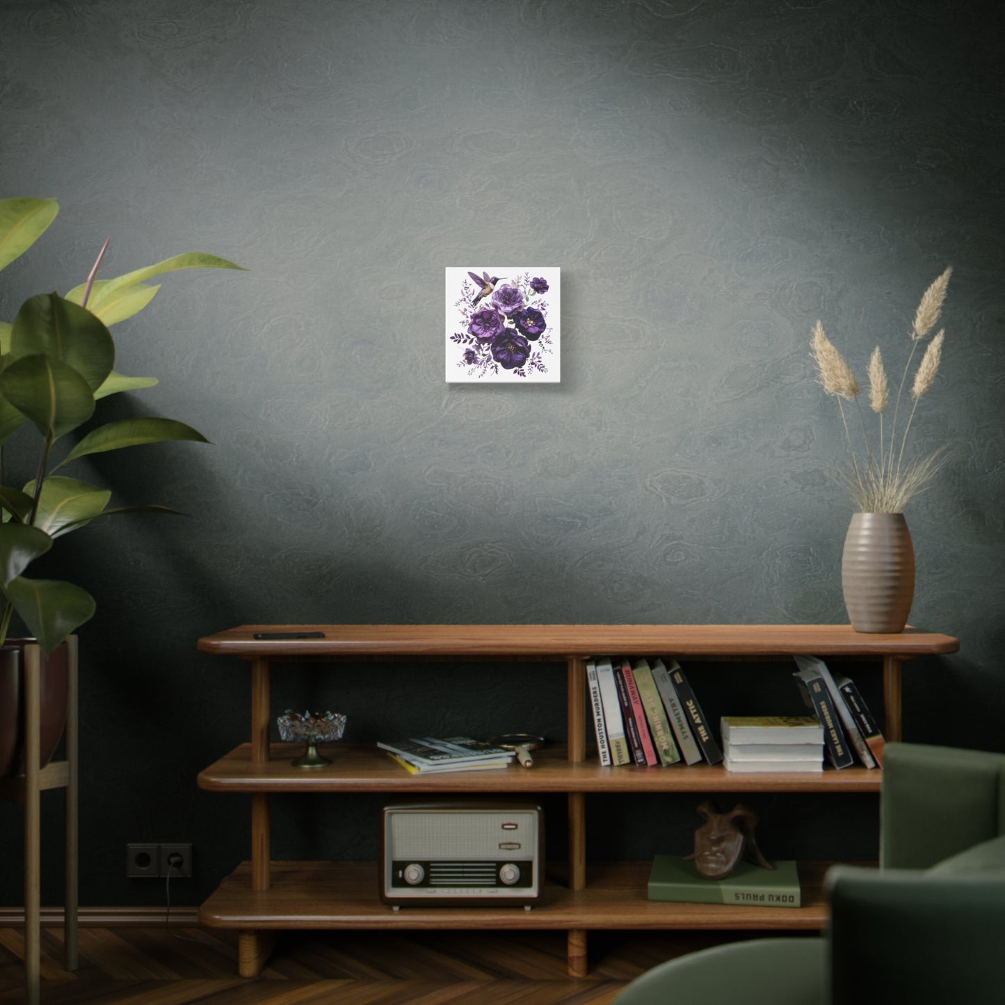 Canvas Wall Art - Purple Floral and Hummingbird