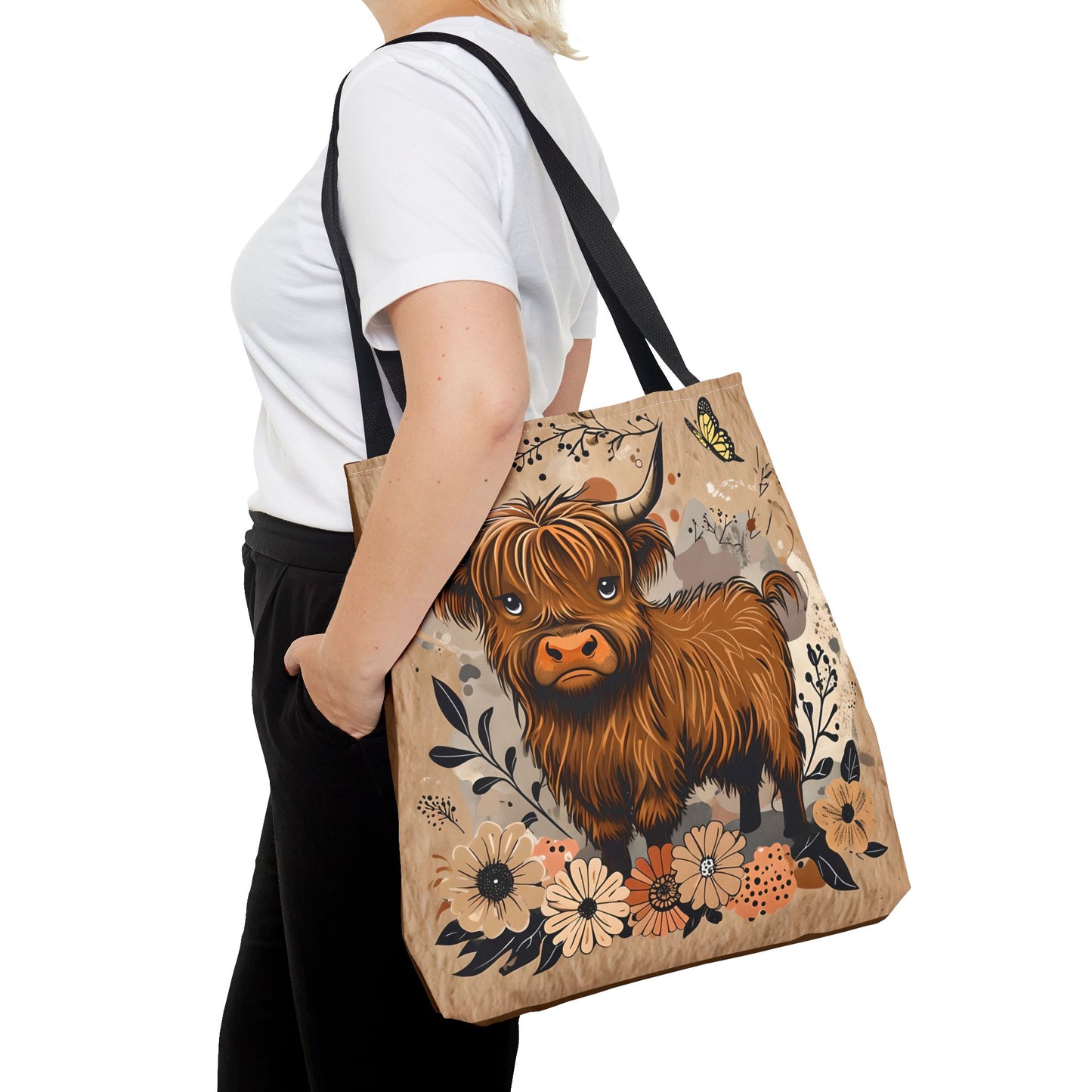 Highland Cow Tote Bag, Cute Cow Tote, Floral Print Bag, Eco-Friendly Tote, Gift for Animal Lovers