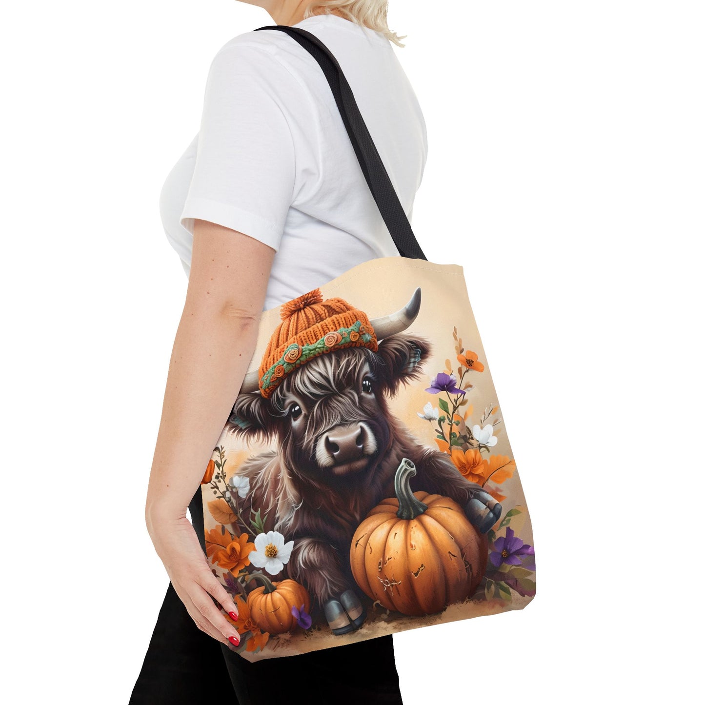 Autumn Cow Tote Bag, Fall Harvest Bag, Pumpkin Lover's Gift, Farmhouse Decor Accessories, Seasonal Shopping Tote, AOP Tote Bag