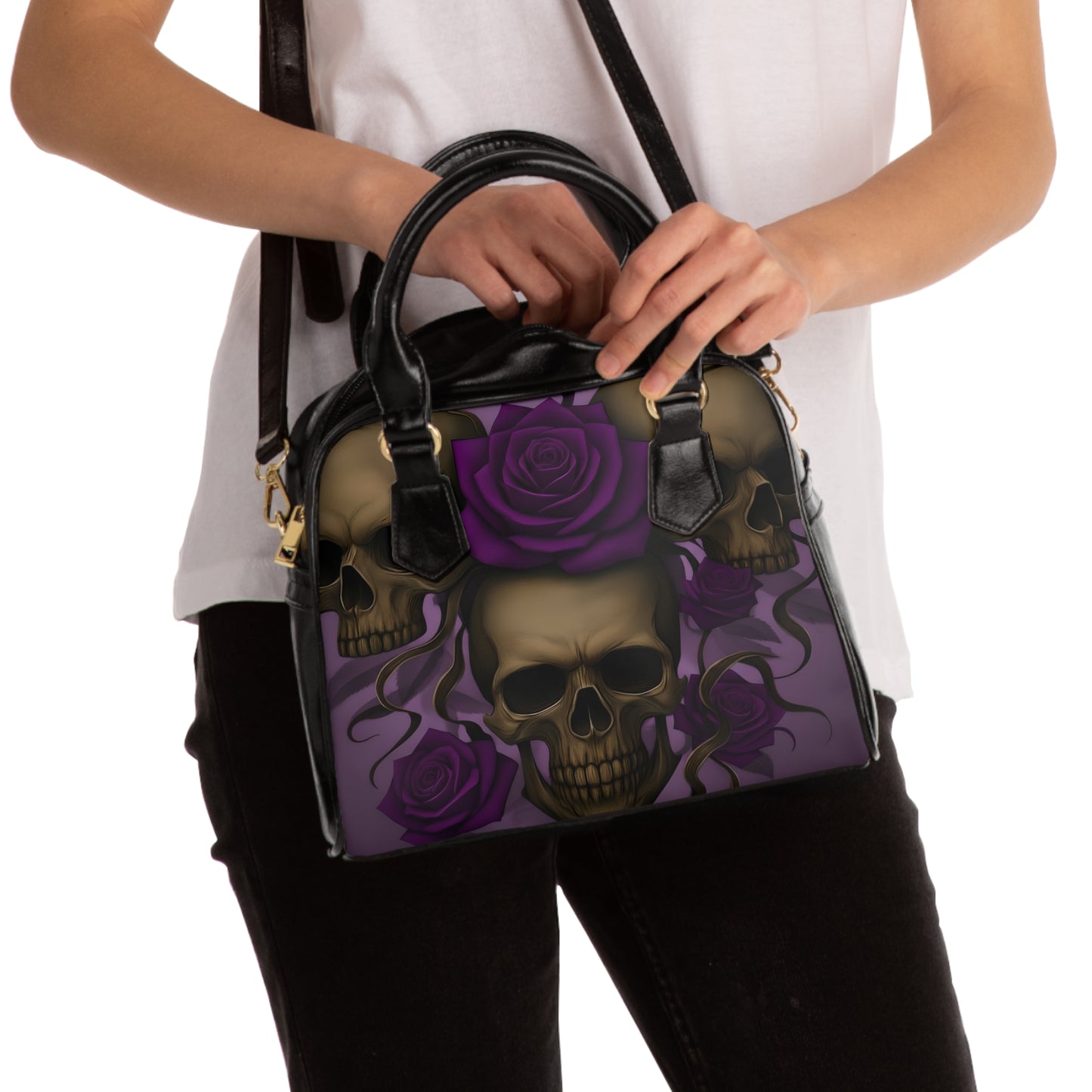 Skull with Purple Roses Shoulder Handbag | Gothic Floral Skull Purse