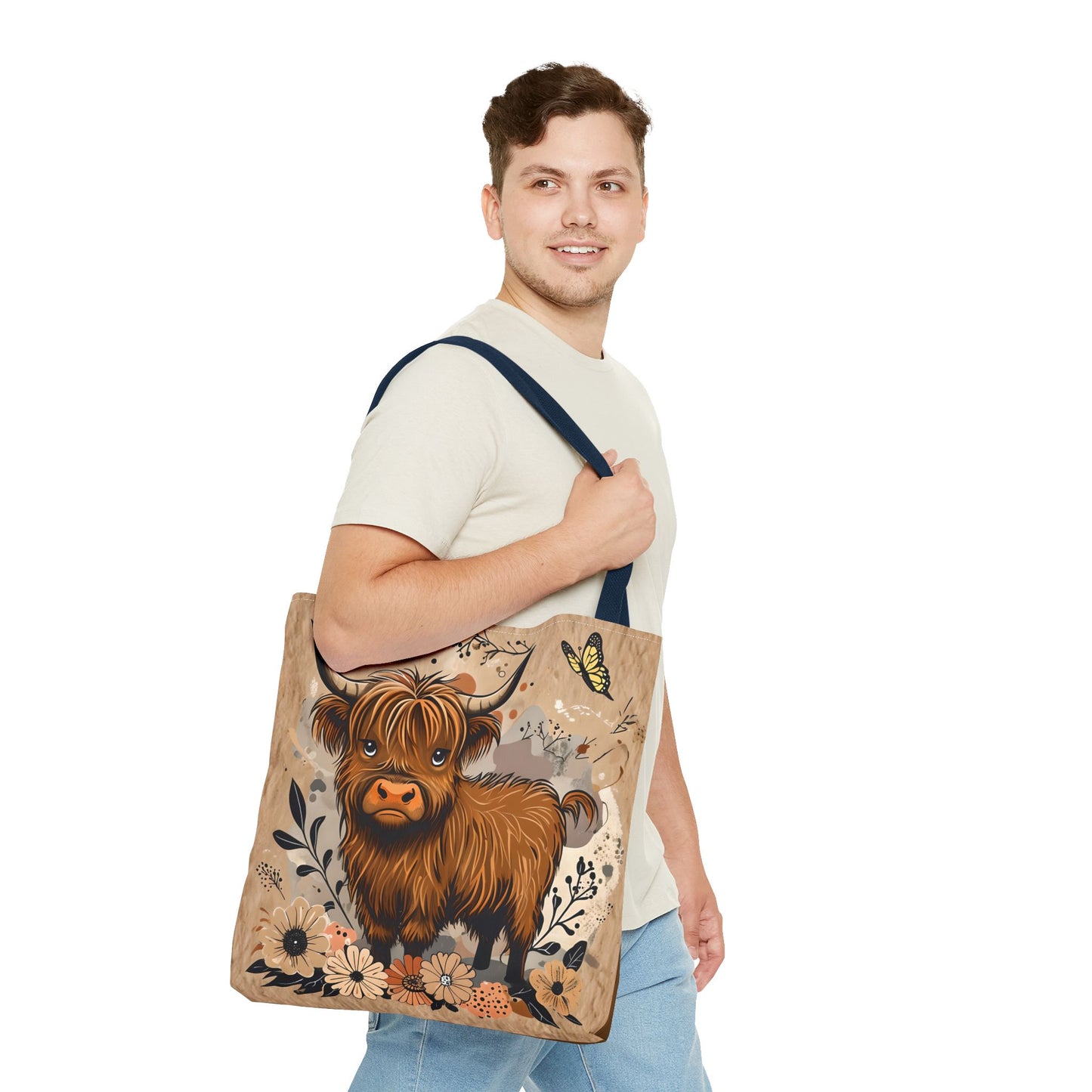 Highland Cow Tote Bag, Cute Cow Tote, Floral Print Bag, Eco-Friendly Tote, Gift for Animal Lovers