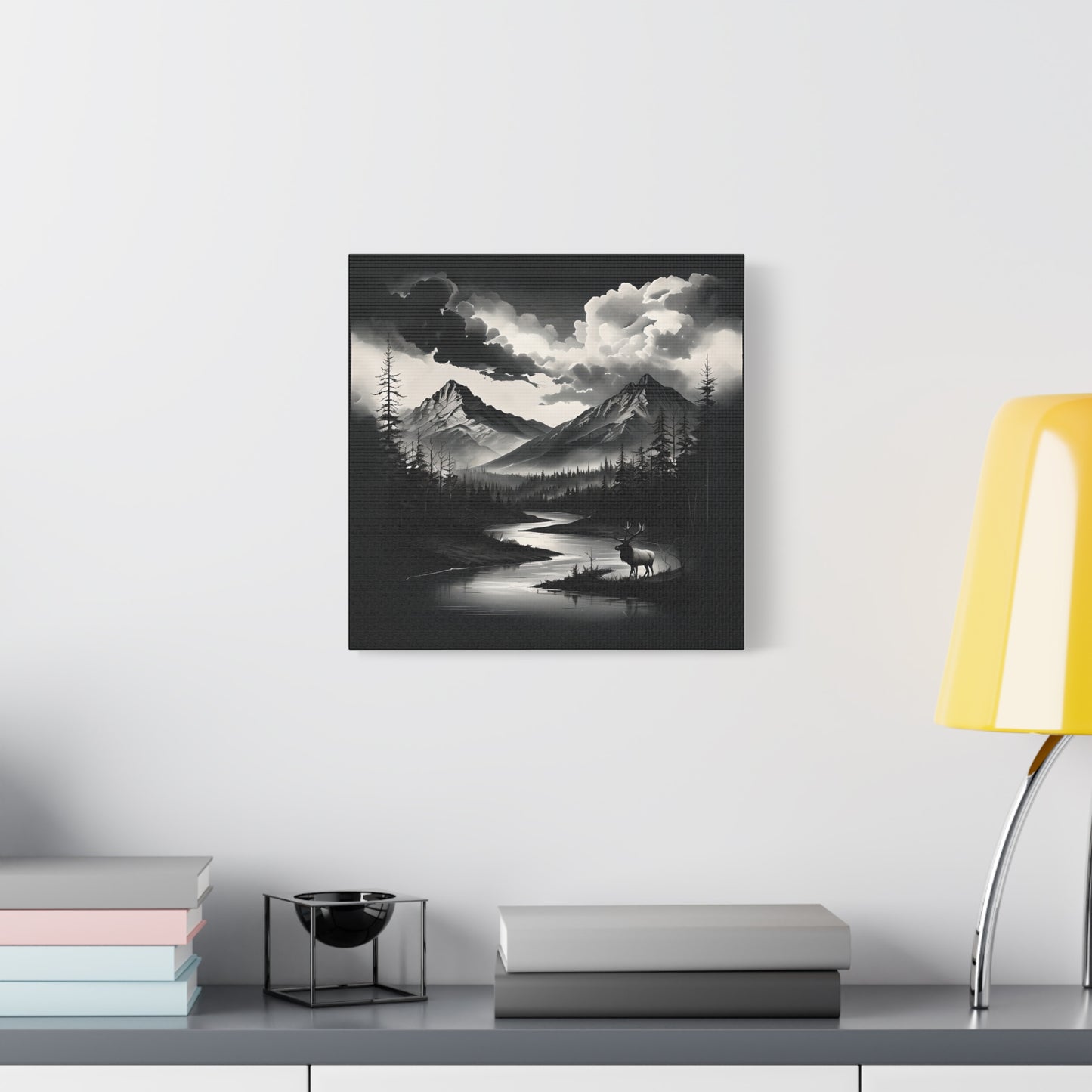 Canvas Wall Art - Black and White Mountains, River, Elk