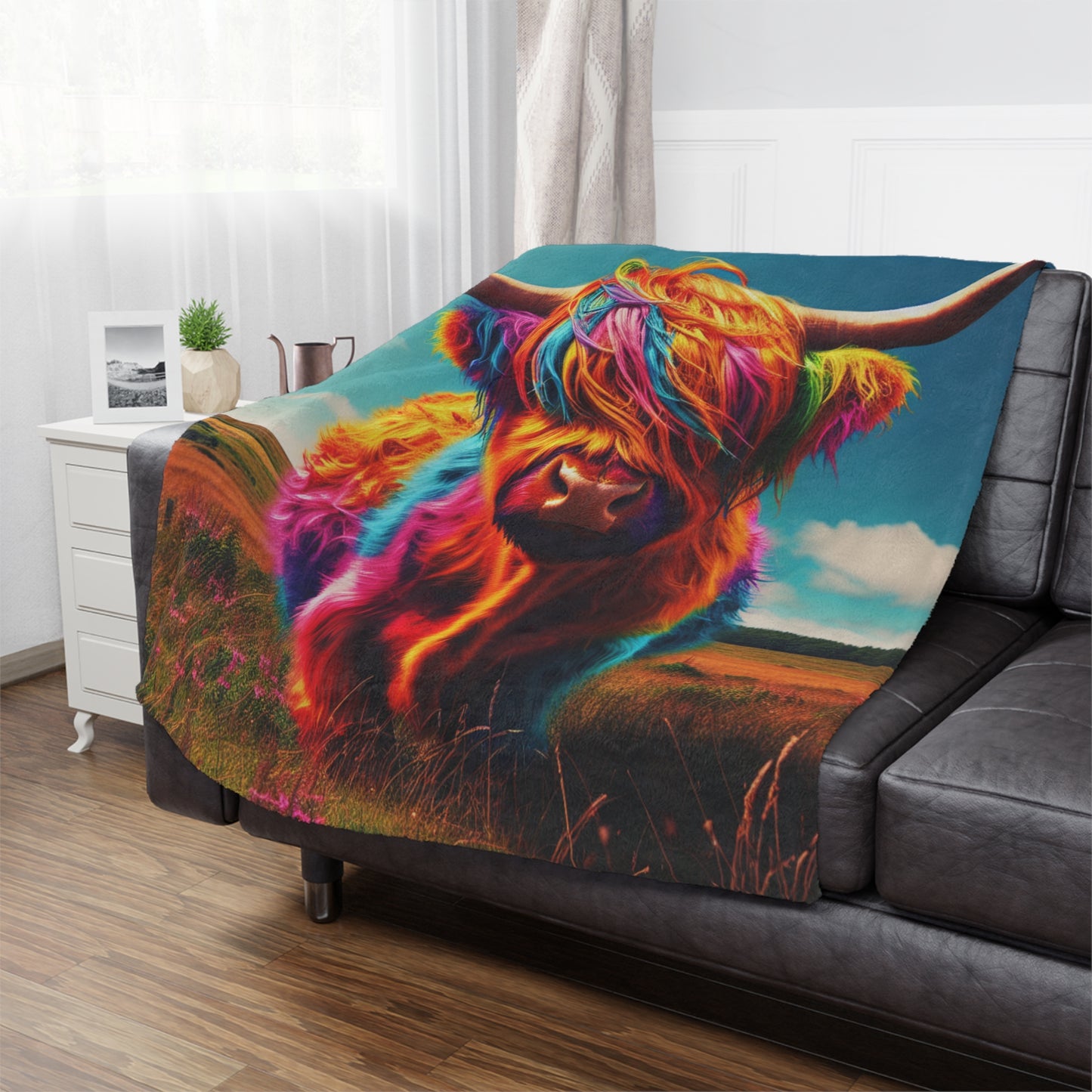 Colorful Highland Cow Minky Blanket - Soft Plush Cozy Throw, Unique Cow Lover Gift, Farmhouse Decor, Animal Print Bedding, Winter Gift Idea