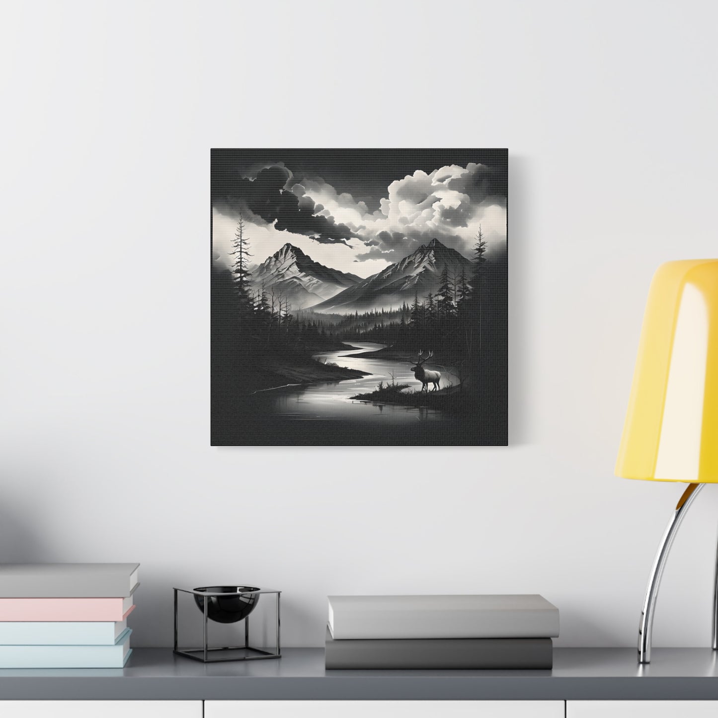 Canvas Wall Art - Black and White Mountains, River, Elk