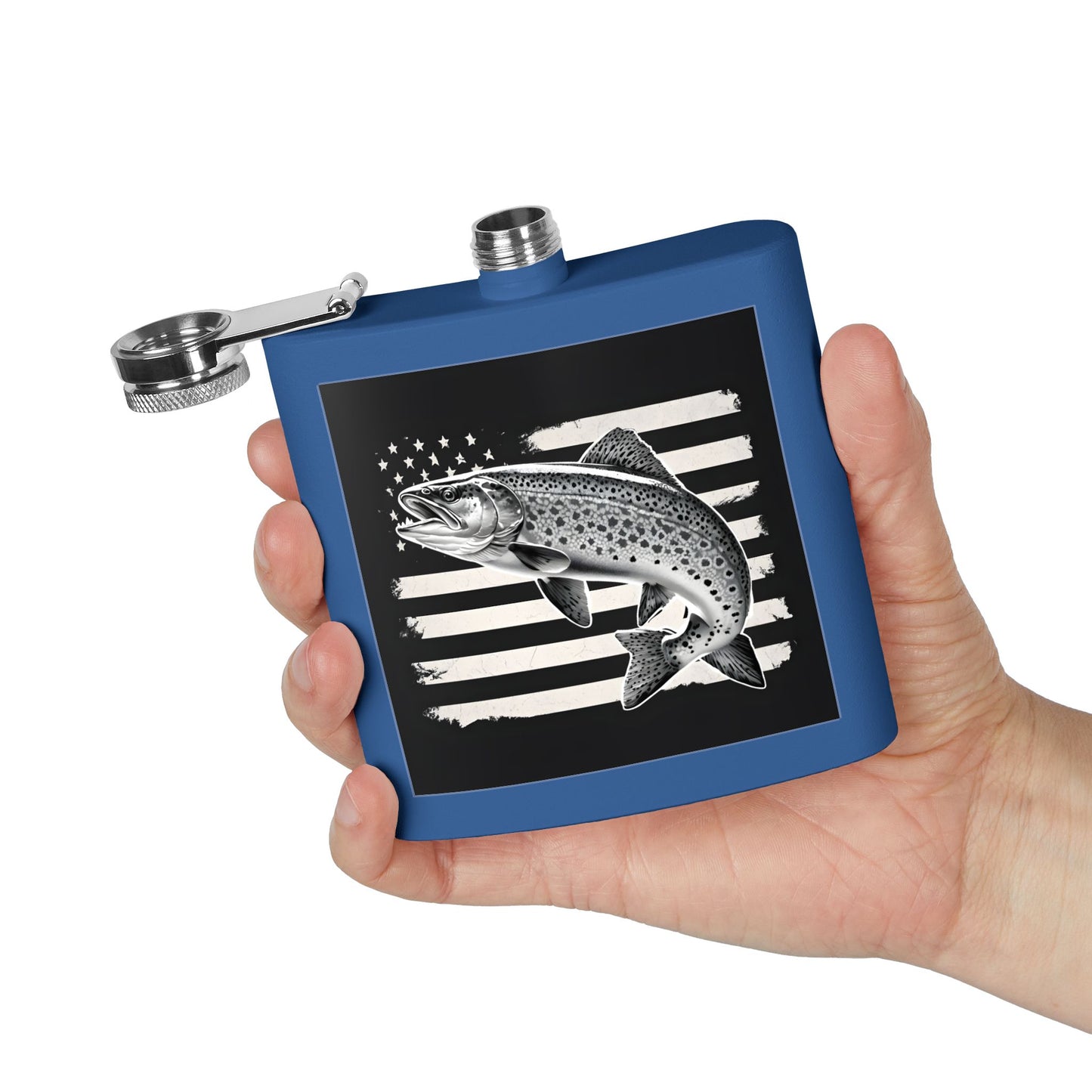 6oz Stainless Steel Flask - US Flag and Trout Design
