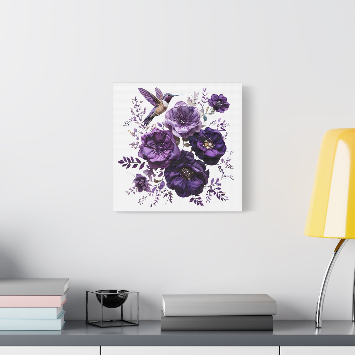 Canvas Wall Art - Purple Floral and Hummingbird