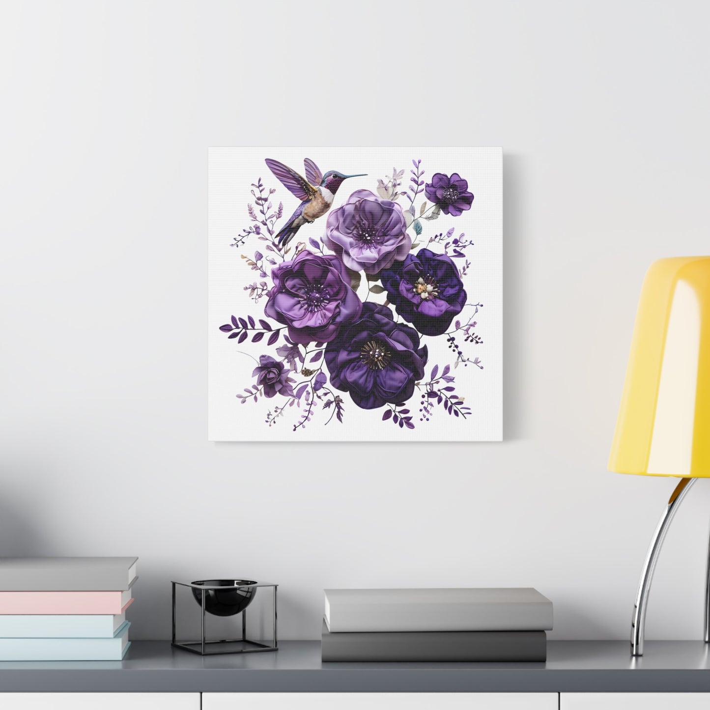 Canvas Wall Art - Purple Floral and Hummingbird