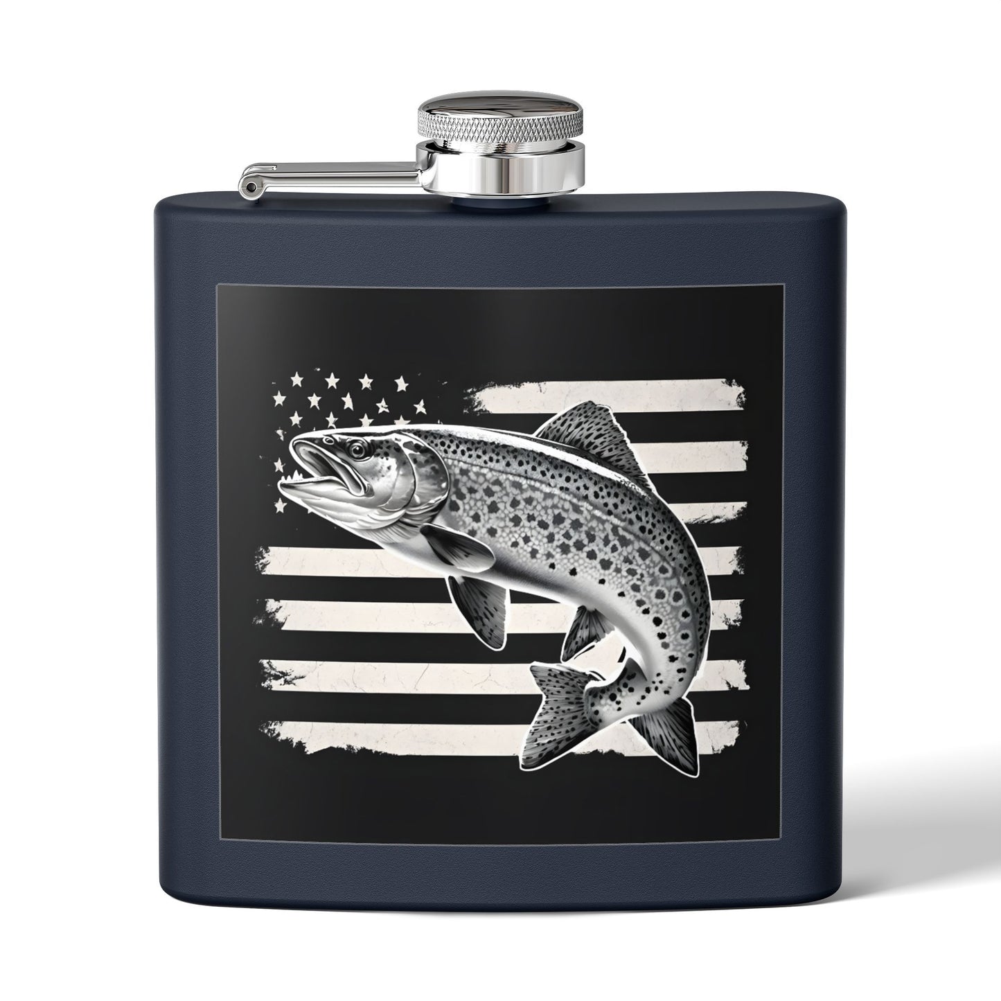 6oz Stainless Steel Flask - US Flag and Trout Design