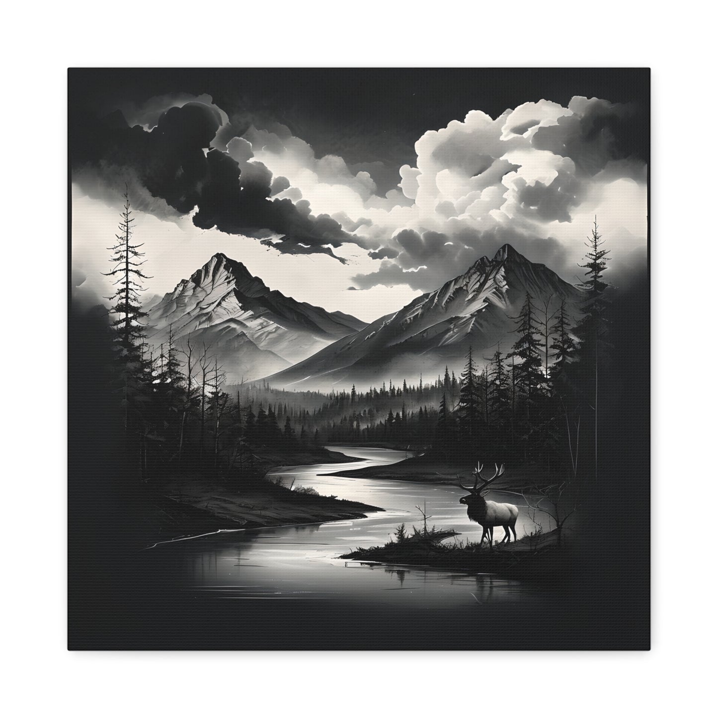 Canvas Wall Art - Black and White Mountains, River, Elk