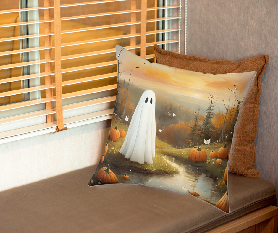 Halloween Ghost Pillow, Spooky Decor Cushion, Fall Home Accent, Pumpkin Throw Pillow, Seasonal Indoor Pillow
