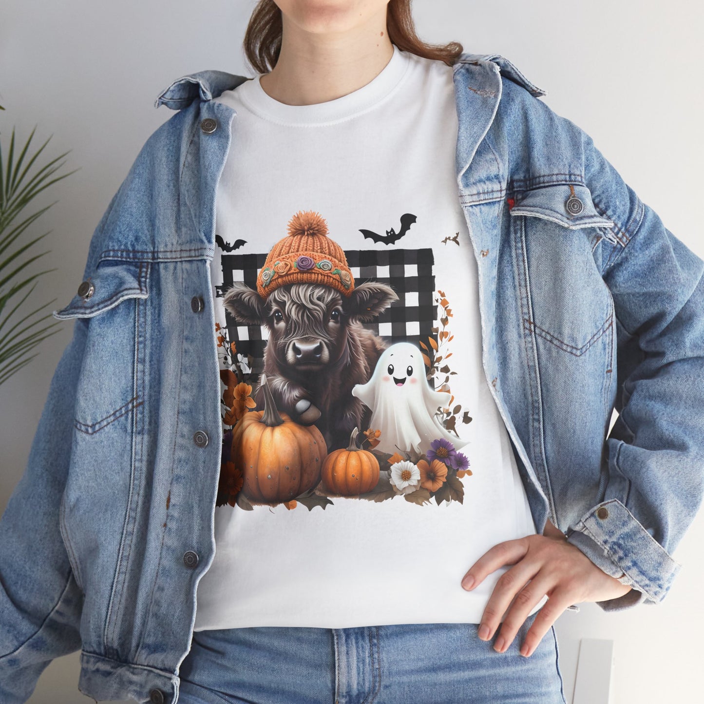Halloween Cow and Ghost Tee, Fall Fashion, Pumpkin Shirt, Cozy Halloween Apparel, Gifts for Cow Lovers, Cute Tee