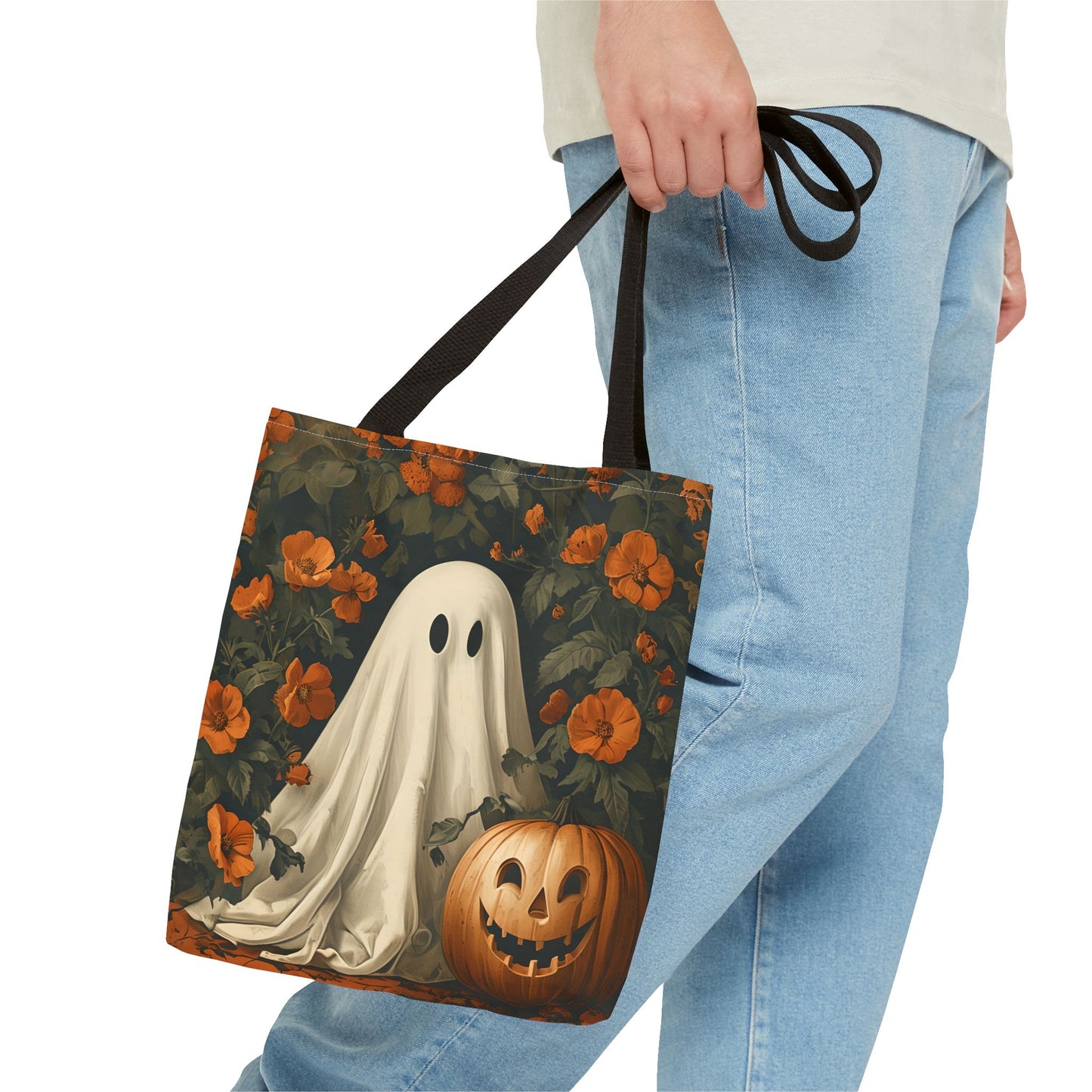 Halloween Ghost Tote Bag, Spooky Tote, Fall Market Bag, Trick-or-Treating Bag, Pumpkin Art Tote, Seasonal Shopper Bag