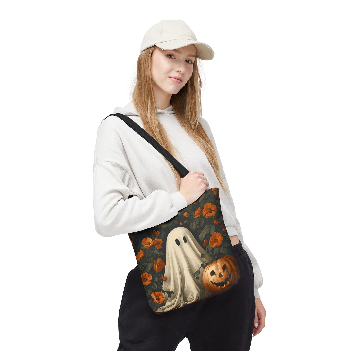 Halloween Ghost Tote Bag, Spooky Tote, Fall Market Bag, Trick-or-Treating Bag, Pumpkin Art Tote, Seasonal Shopper Bag