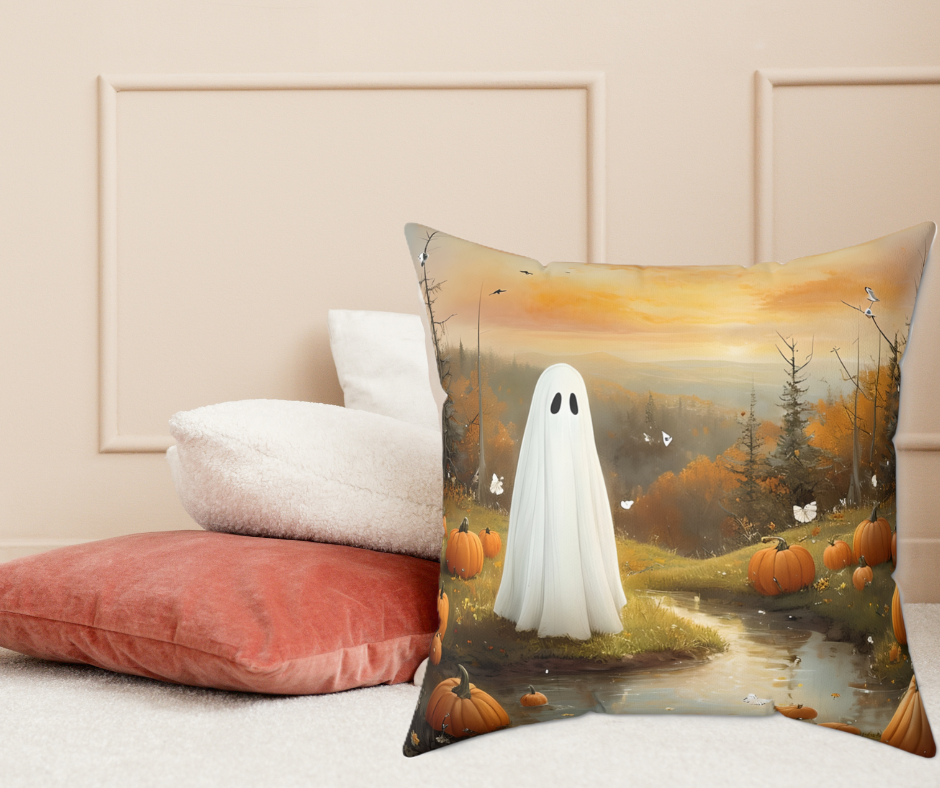 Halloween Ghost Pillow, Spooky Decor Cushion, Fall Home Accent, Pumpkin Throw Pillow, Seasonal Indoor Pillow