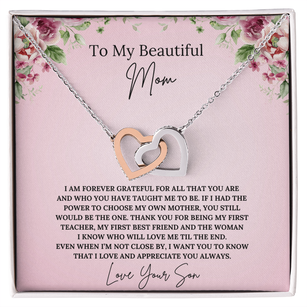 To My Beautiful Mom Interlocking Heart Necklace from Son