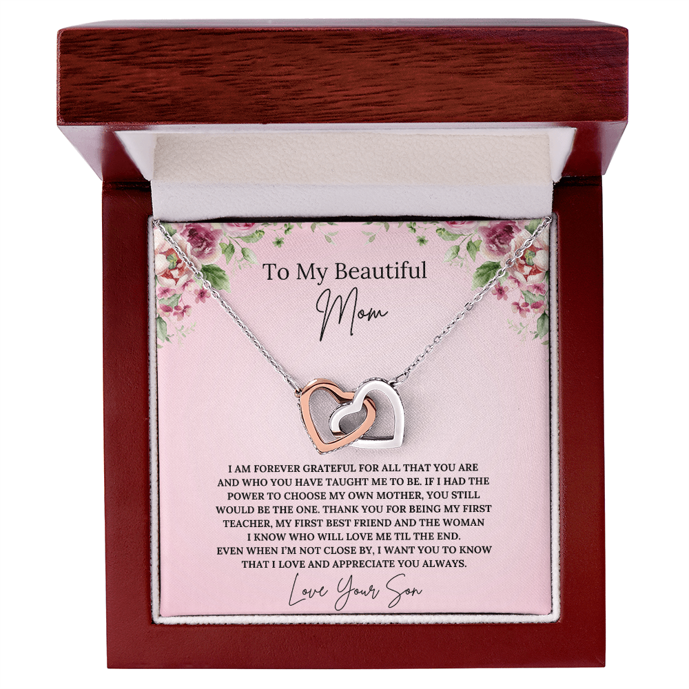 To My Beautiful Mom Interlocking Heart Necklace from Son