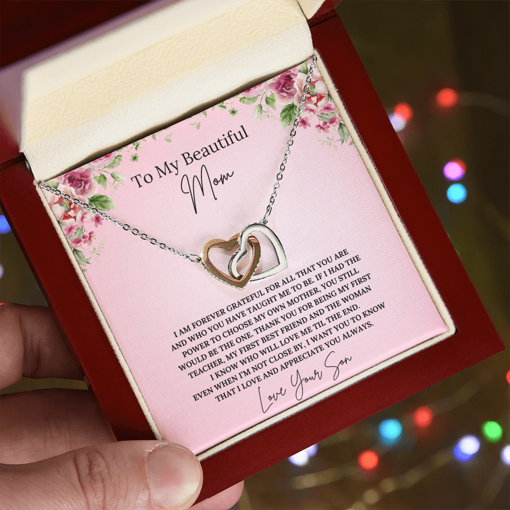 To My Beautiful Mom Interlocking Heart Necklace from Son