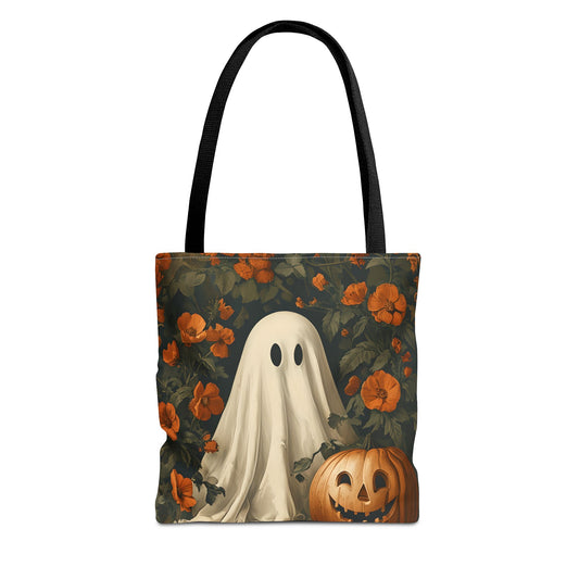 Halloween Ghost Tote Bag, Spooky Tote, Fall Market Bag, Trick-or-Treating Bag, Pumpkin Art Tote, Seasonal Shopper Bag