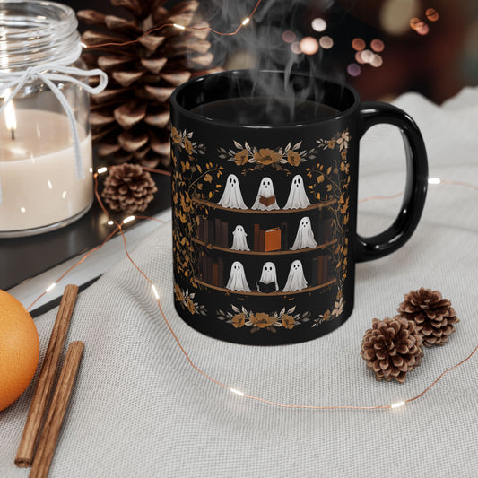 Cute Ghost Mug, Spooky Coffee Cup, Autumn Decor, Ghost Lovers Gift, 11oz 15oz Black Mug