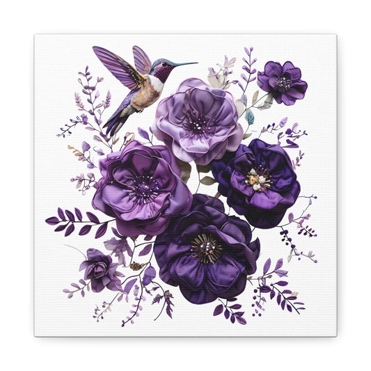Canvas Wall Art - Purple Floral and Hummingbird
