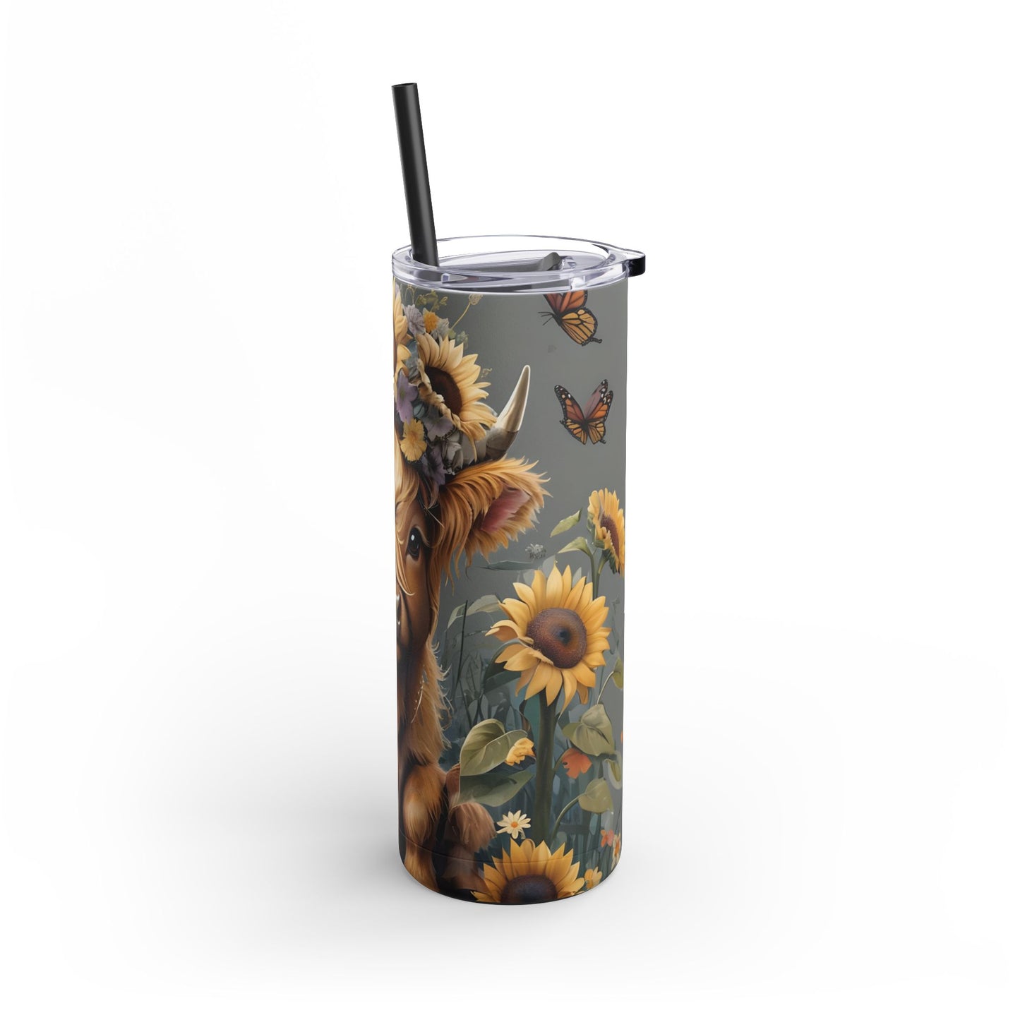 Skinny Tumbler - Highland Cow with Sunflowers and Butterflies Design