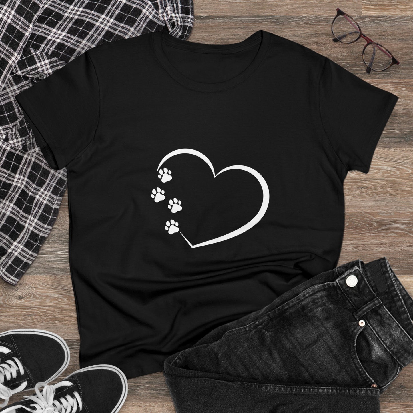 Women's T-Shirt Paw Prints with Heart Design Midweight Cotton Tee