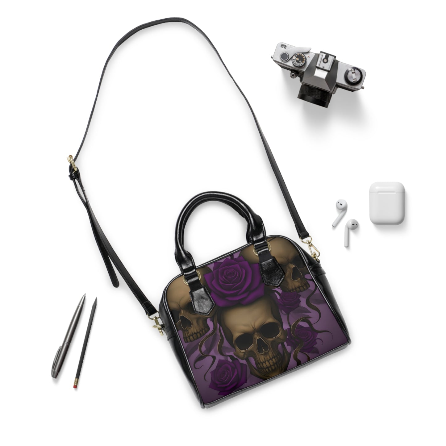 Skull with Purple Roses Shoulder Handbag | Gothic Floral Skull Purse