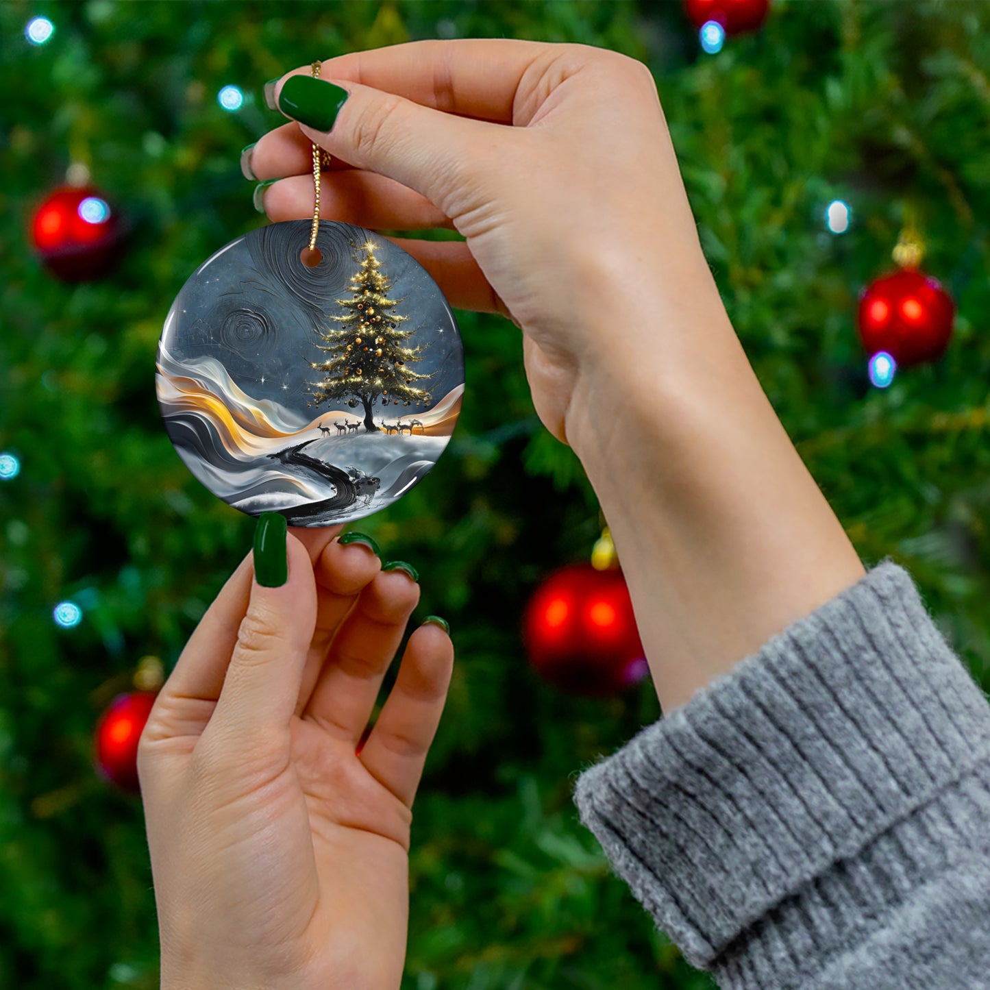 Christmas Tree with Deer Ceramic Ornament