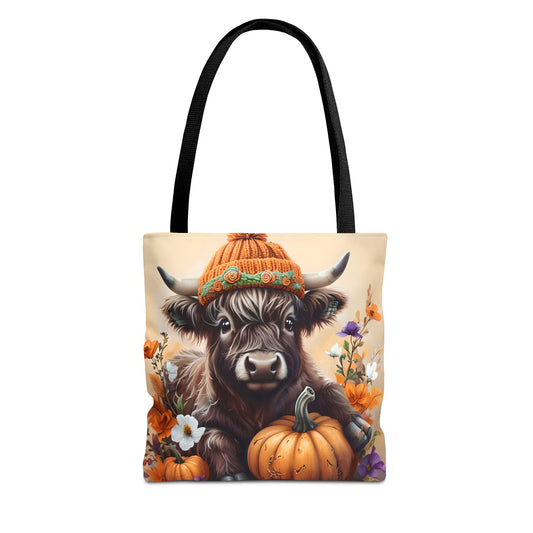 Autumn Cow Tote Bag, Fall Harvest Bag, Pumpkin Lover's Gift, Farmhouse Decor Accessories, Seasonal Shopping Tote, AOP Tote Bag