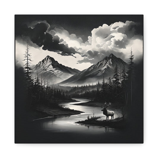 Canvas Wall Art - Black and White Mountains, River, Elk
