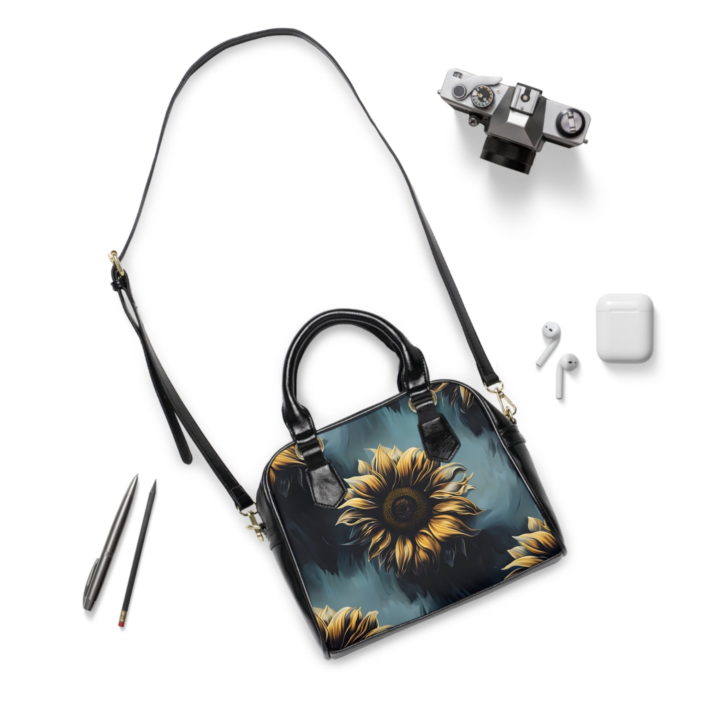 Blue Sunflowers Floral Shoulder Handbag