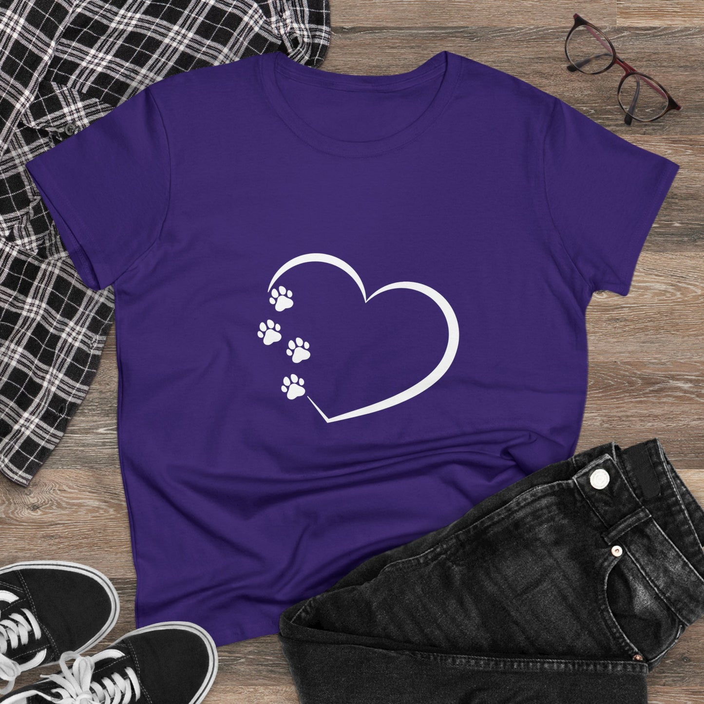 Women's T-Shirt Paw Prints with Heart Design Midweight Cotton Tee