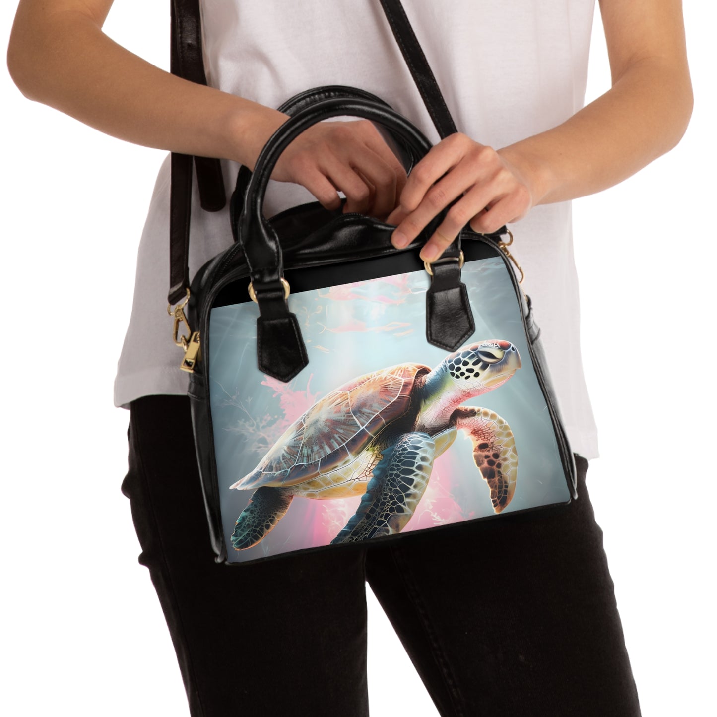 Shoulder Handbag - Turtle in Sea of Pink Design