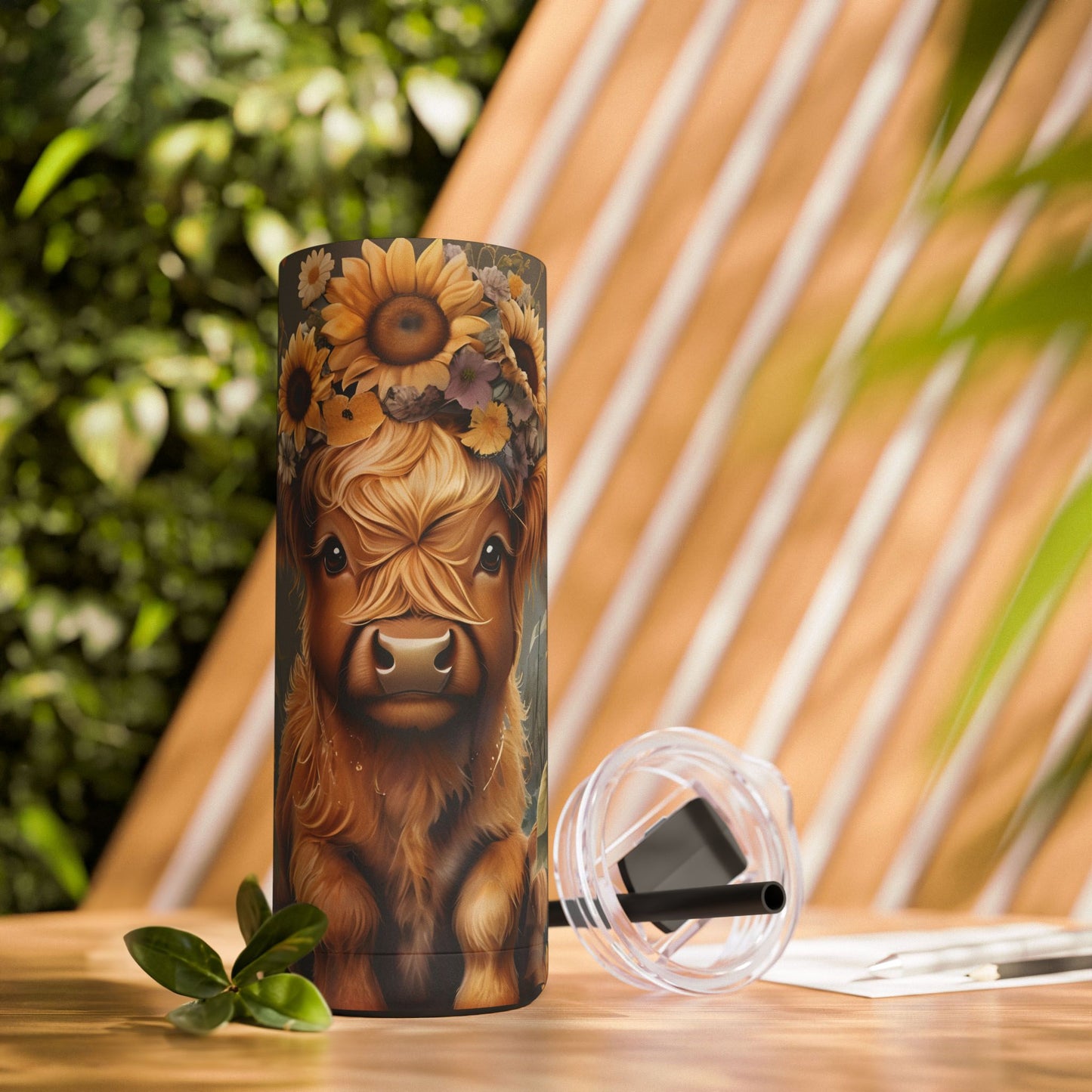 Skinny Tumbler - Highland Cow with Sunflowers and Butterflies Design