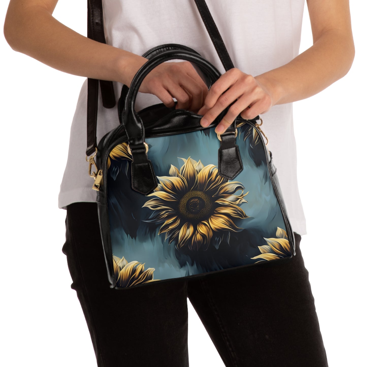 Blue Sunflowers Floral Shoulder Handbag