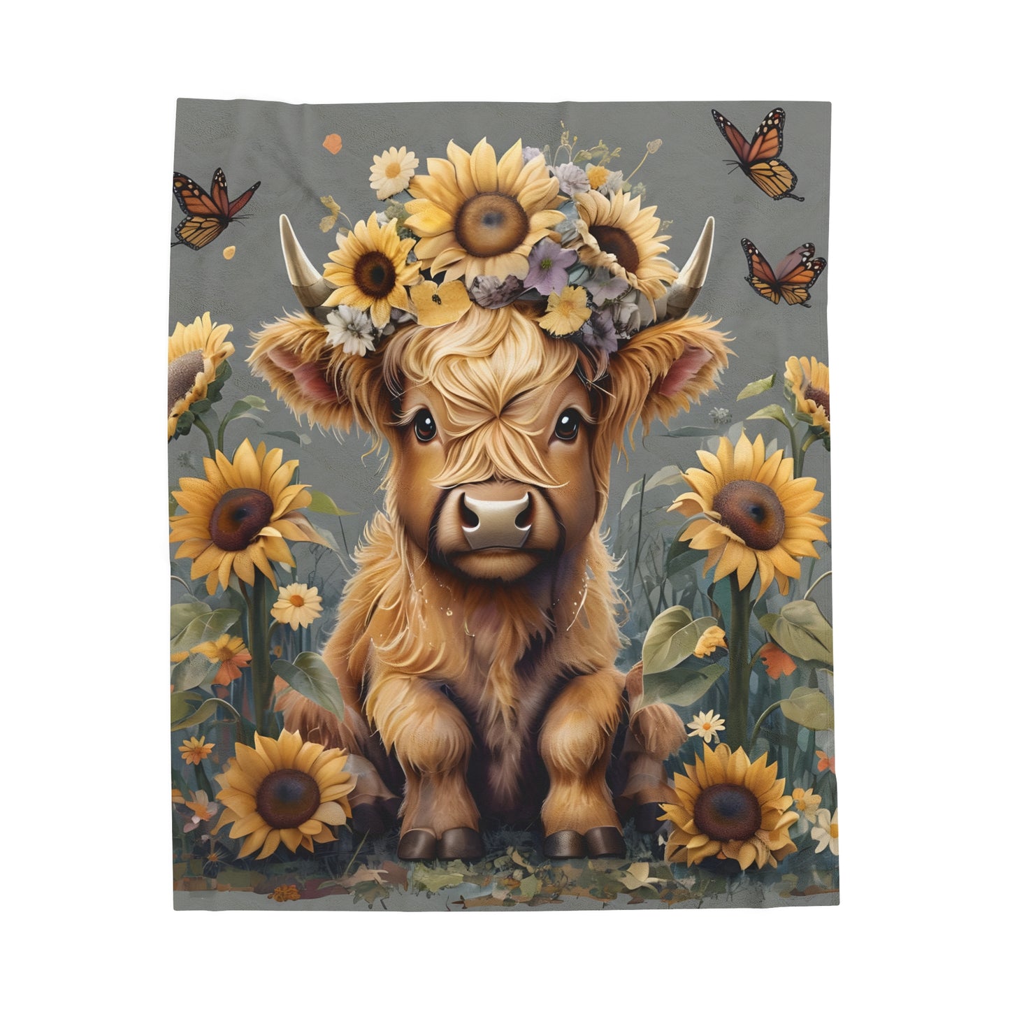 Velveteen Blanket Sunflowers Butterflies Highland Cow Design