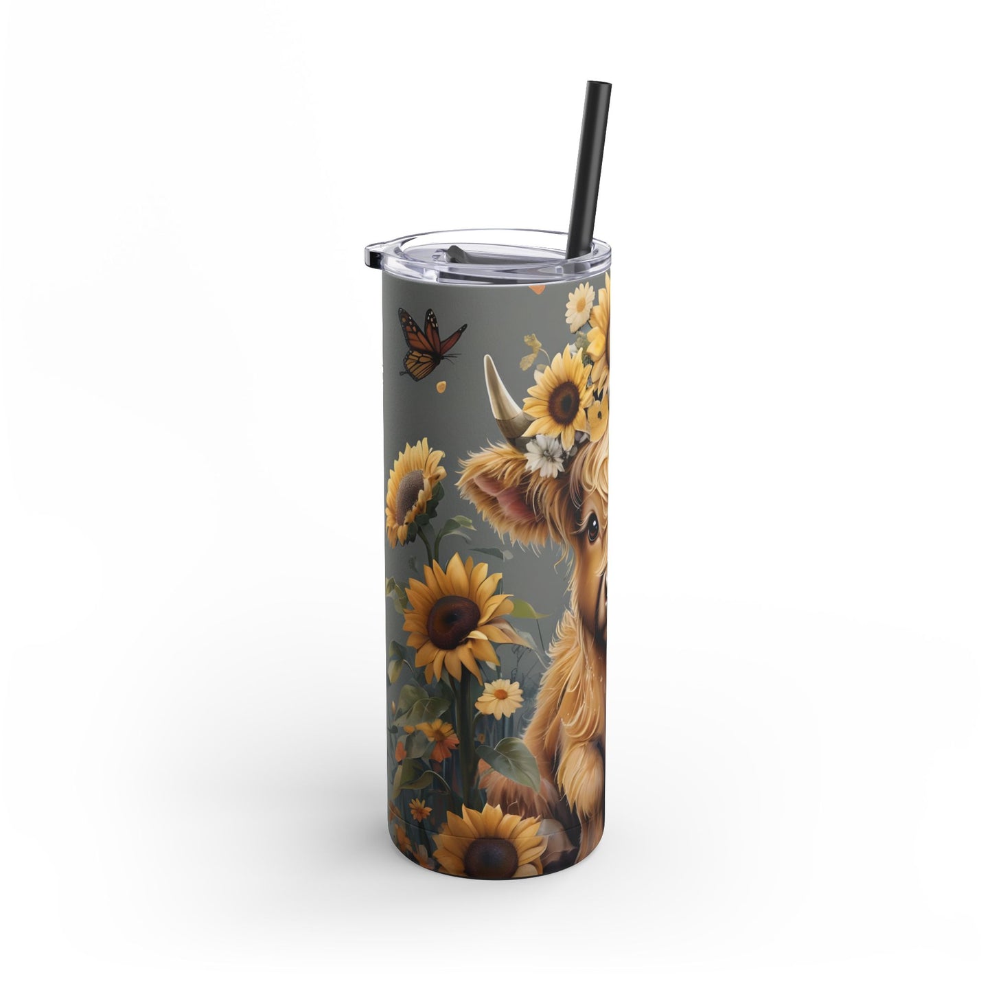 Skinny Tumbler - Highland Cow with Sunflowers and Butterflies Design