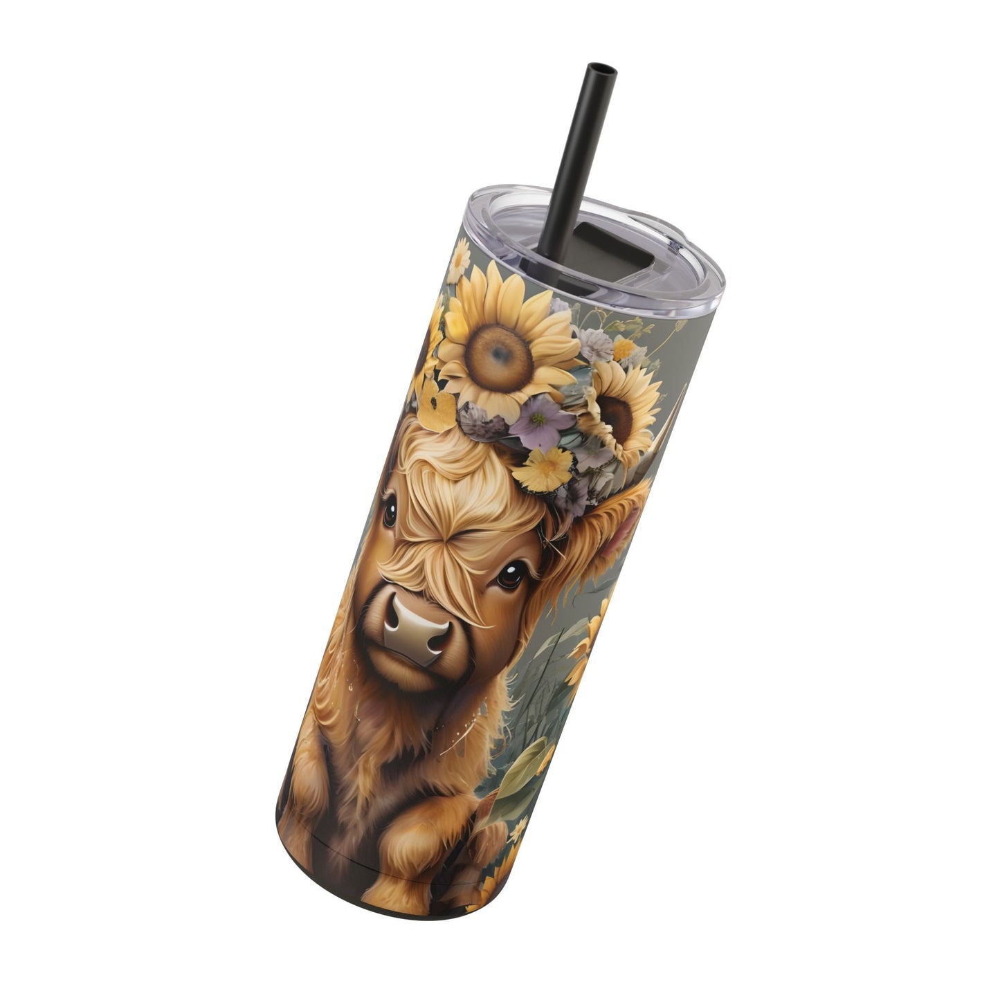 Skinny Tumbler - Highland Cow with Sunflowers and Butterflies Design