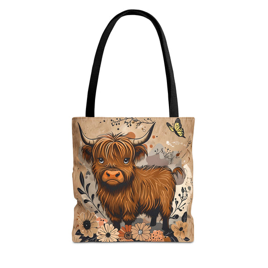 Highland Cow Tote Bag, Cute Cow Tote, Floral Print Bag, Eco-Friendly Tote, Gift for Animal Lovers